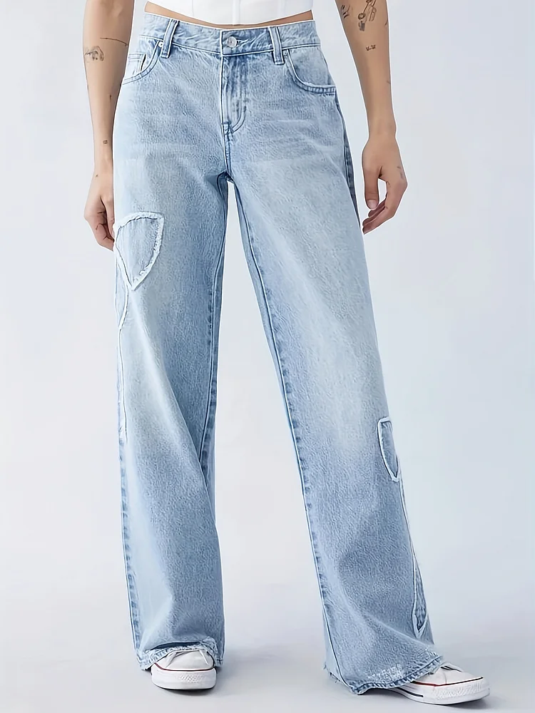 2024 New Embroidered Side Raw Edge Butterfly Jeans High Street Design Model Ramey Loose Straight Leg Jean