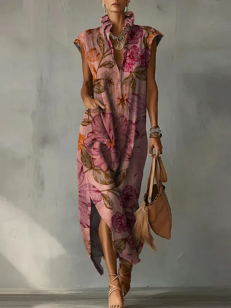 Casual Loose-fit Cotton-linen Dress With Cap Sleeves And Vintage Colorful Floral Print