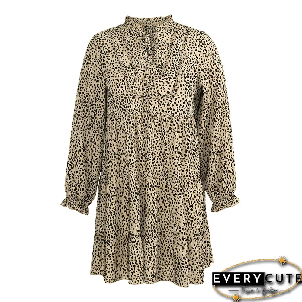 Khaki Spots Print Lace-up Long Sleeve Dress