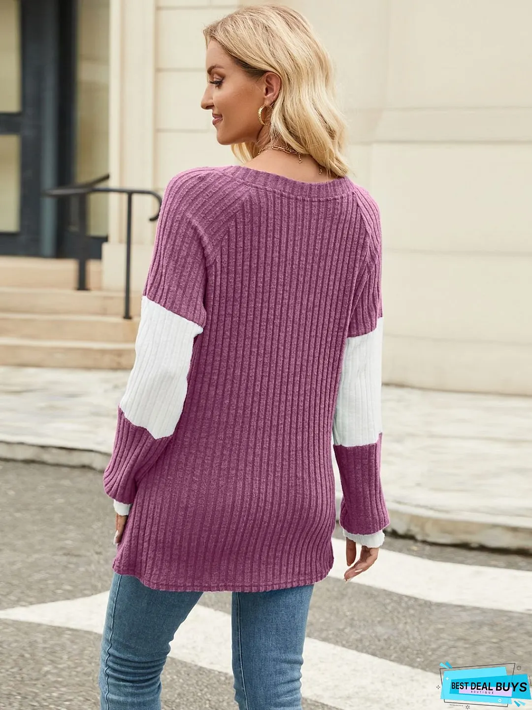 Color Block V-Neck Long Sleeve T-Shirt