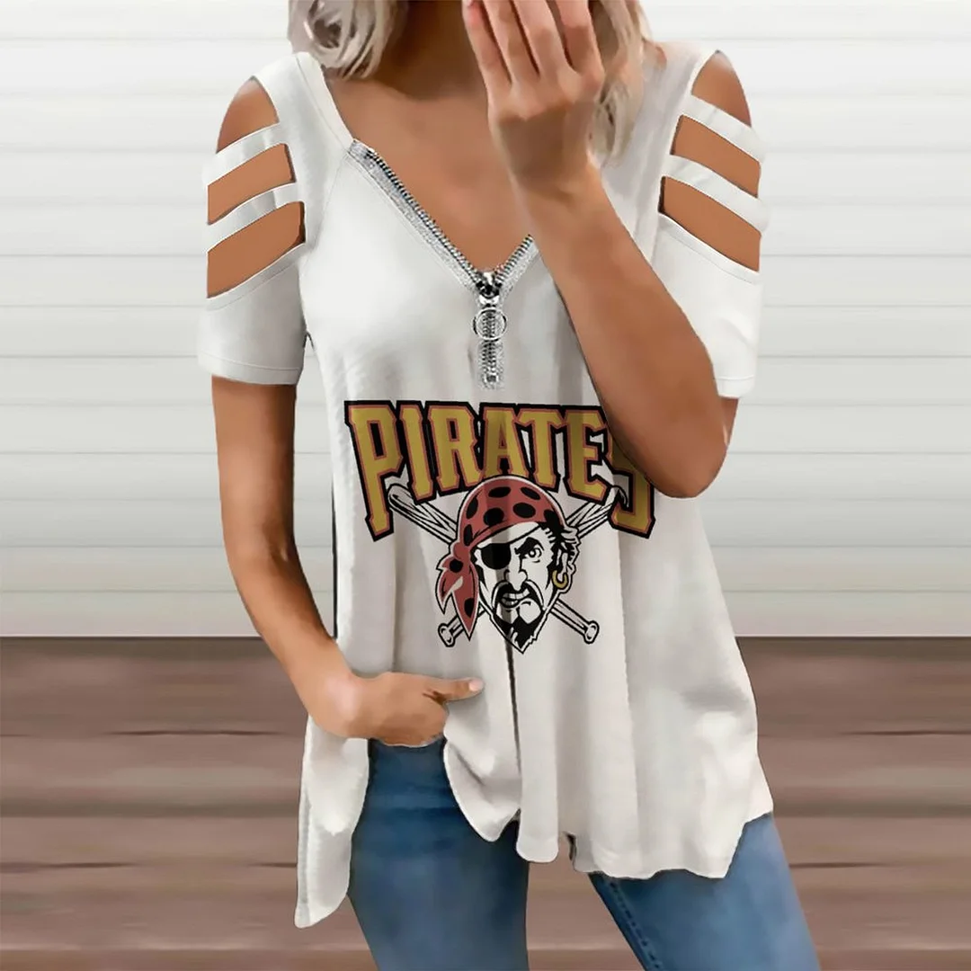 Shoulder Off V-neck Zipper Front Short Sleeve Casual T-shirt for Women Printed with Pattern,Yellow,White,Black