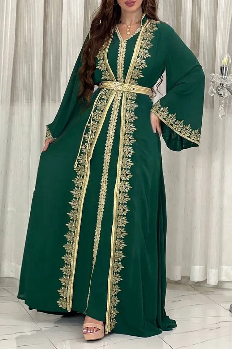 Sequins Embroidery Stand Collar Abaya V Neck Sleeveless Maxi Dresses 2pcs Set
