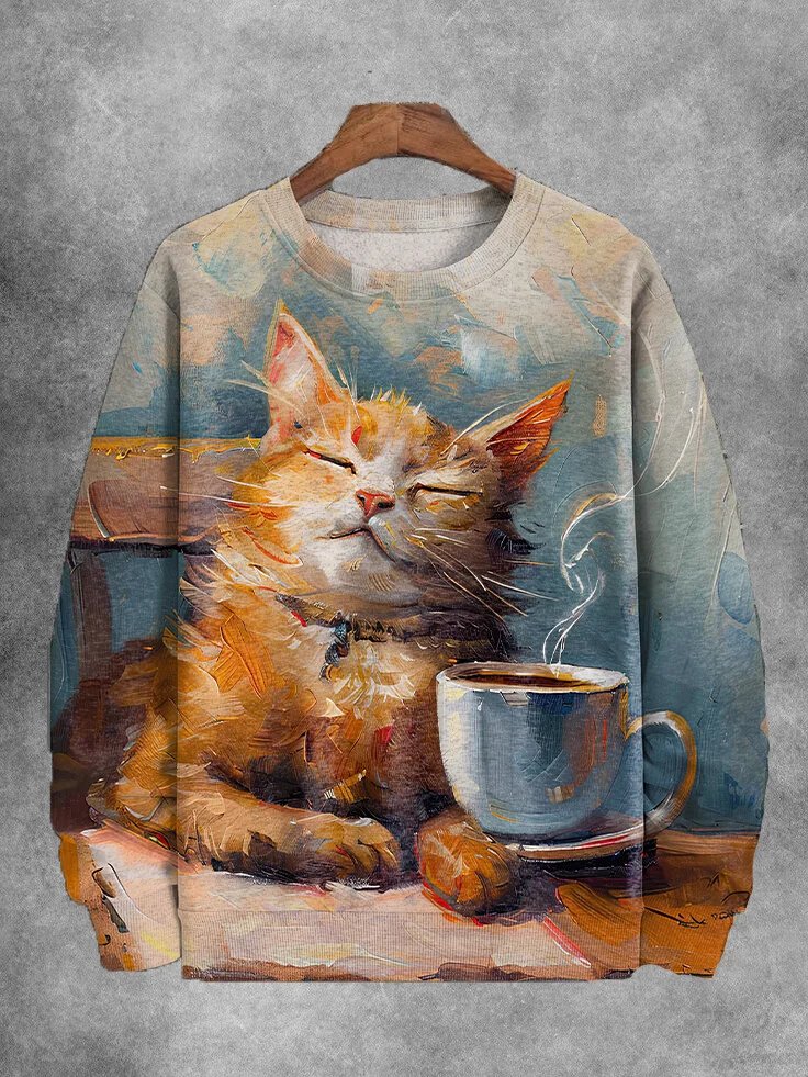 Men's Cozy Cat And Coffee Oil Painting Print Casual Sweatshirt