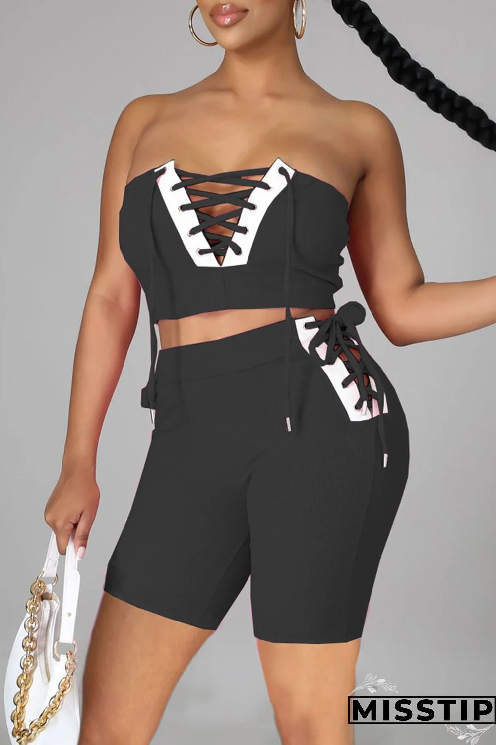 Black Sexy Casual Solid Patchwork Backless Strap Design Sleeveless Two Pieces