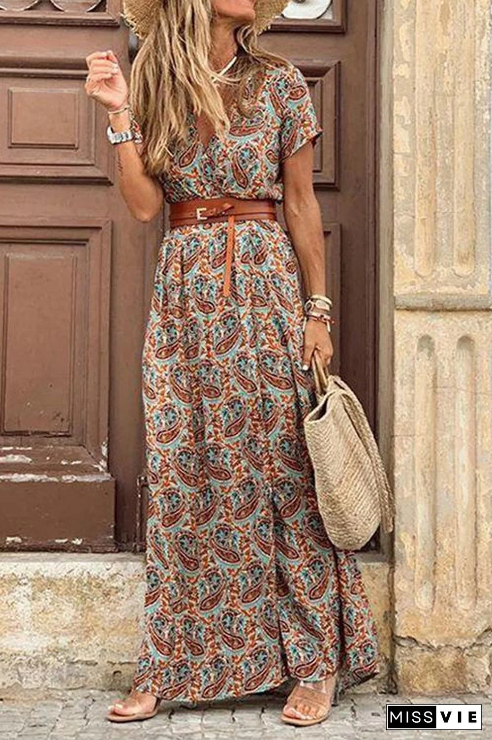 Print Short Sleeve Maxi Dress