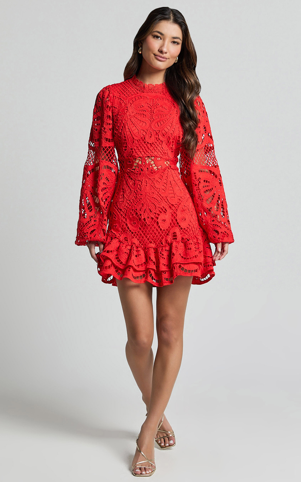 Women's Lace Mini Dress, Cutout Waist Bishop Sleeve Ruffle Hem Party Dress
