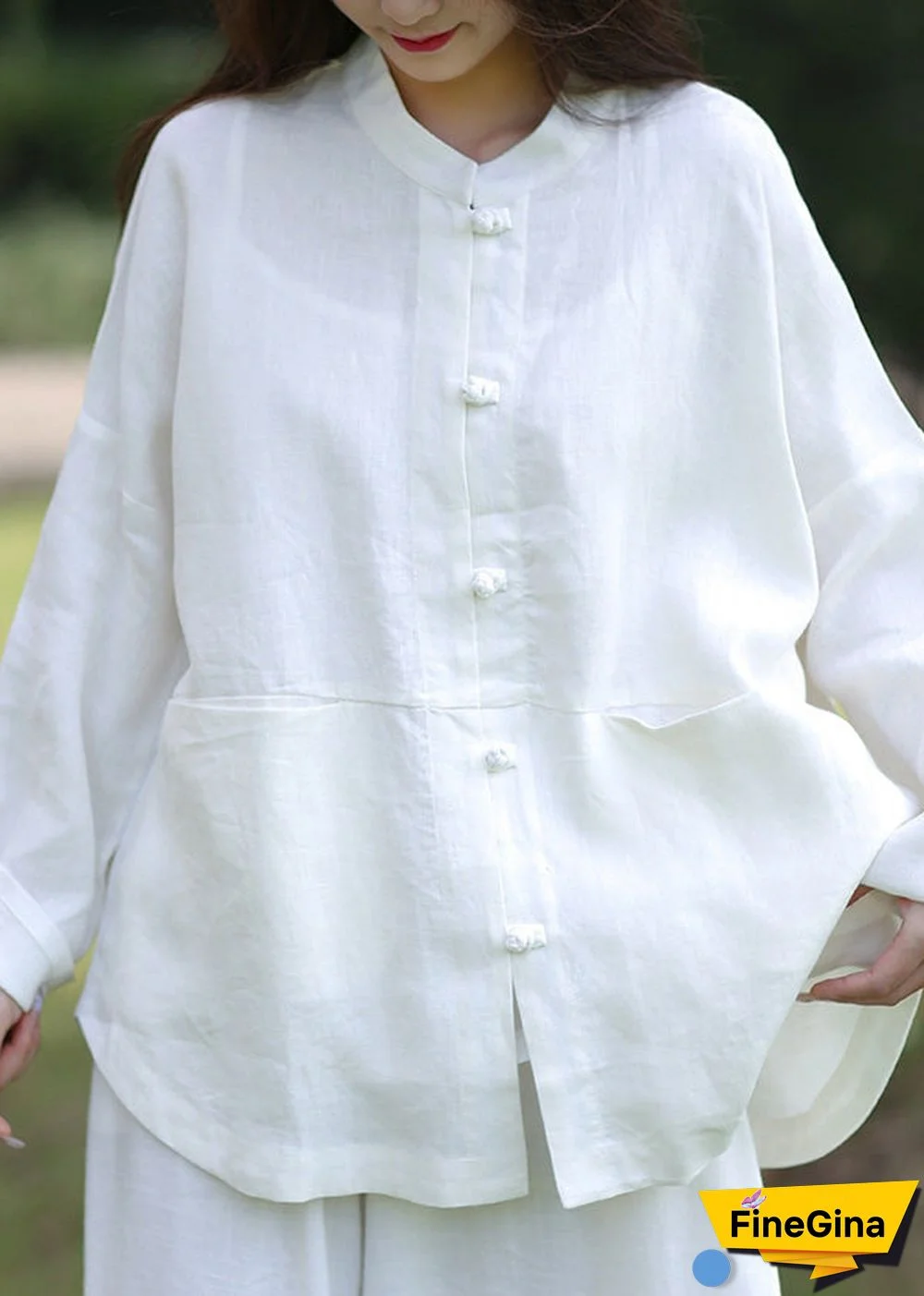 Cute White Stand Collar Button Linen Coats Spring