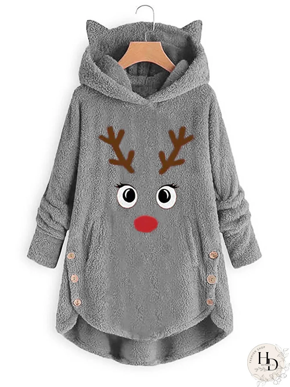Casual Embroidery Lovely Christmas Deer Side Button Fleece Hoodies