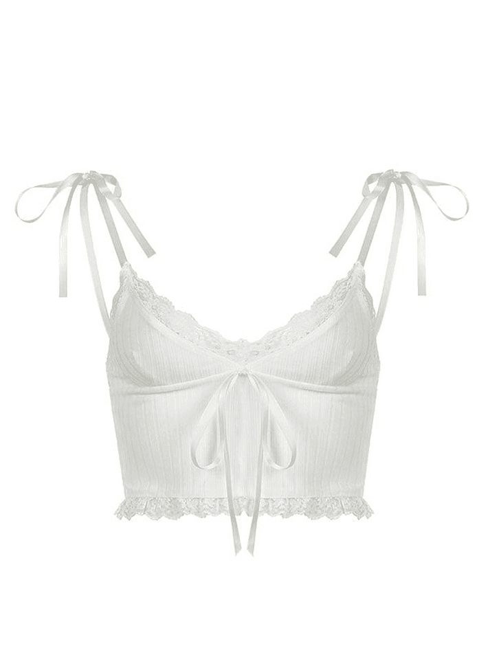 Brownm Lace Trim Tie Strap Crop Cami Top