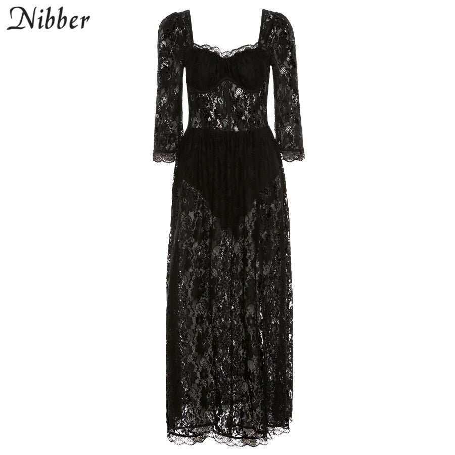 Nibber Sexy Hollow See-Though Elegant Dresses Bodycon For Womens Lace 2021 Summer Party Female Loose Long Dress Mujer Vestidos