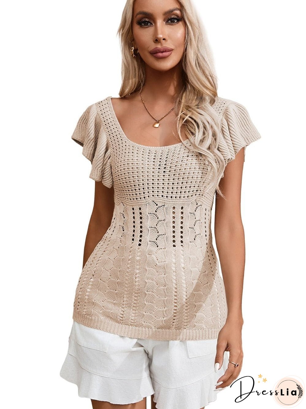 Beige Pointelle Knit Ruffle Sleeve Sweater for Chic Summer Styling