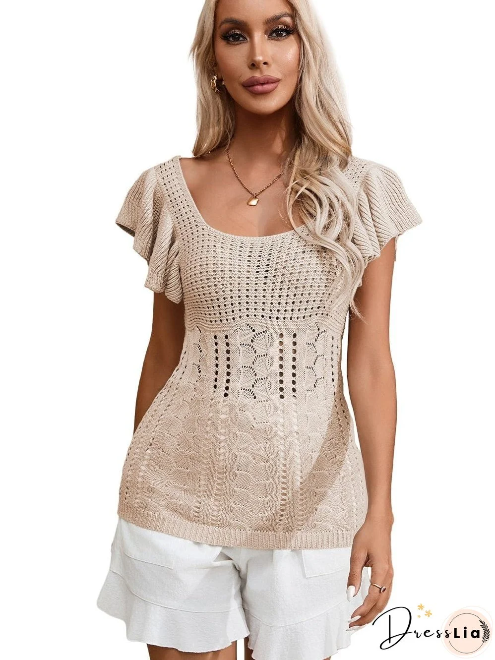 Beige Pointelle Knit Ruffle Sleeve Sweater for Chic Summer Styling
