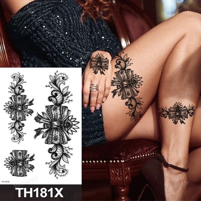 Tattoo Sticker Flower Big Body Art Waterproof Temporary Sexy Thigh Tattoos For Woman Tattoo Fake Water Black Sketch Line Sleeve