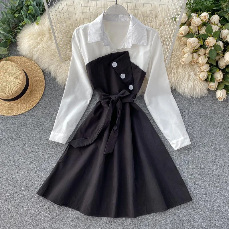 FTLZZ Women Casual Shirt Dress Spring Autumn Turn-down Collar Patchwork Button A-line Dress Sweet Female Vestido
