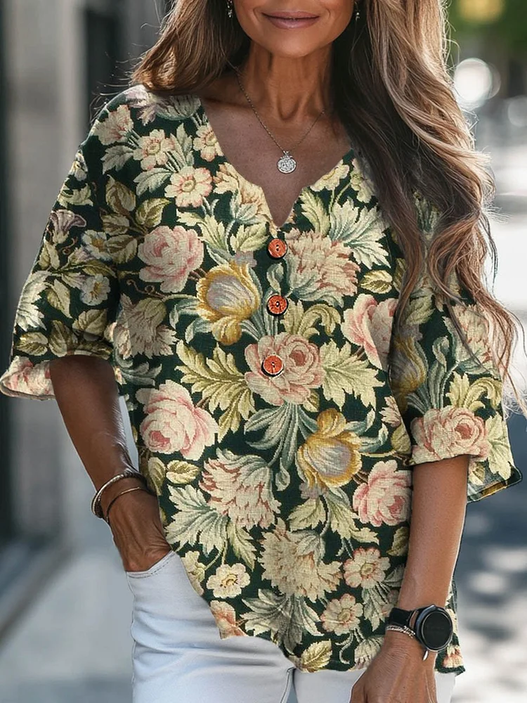 Women's Vintage Lovely Floral Art Print Casual Cotton Linen V-neck Shirt