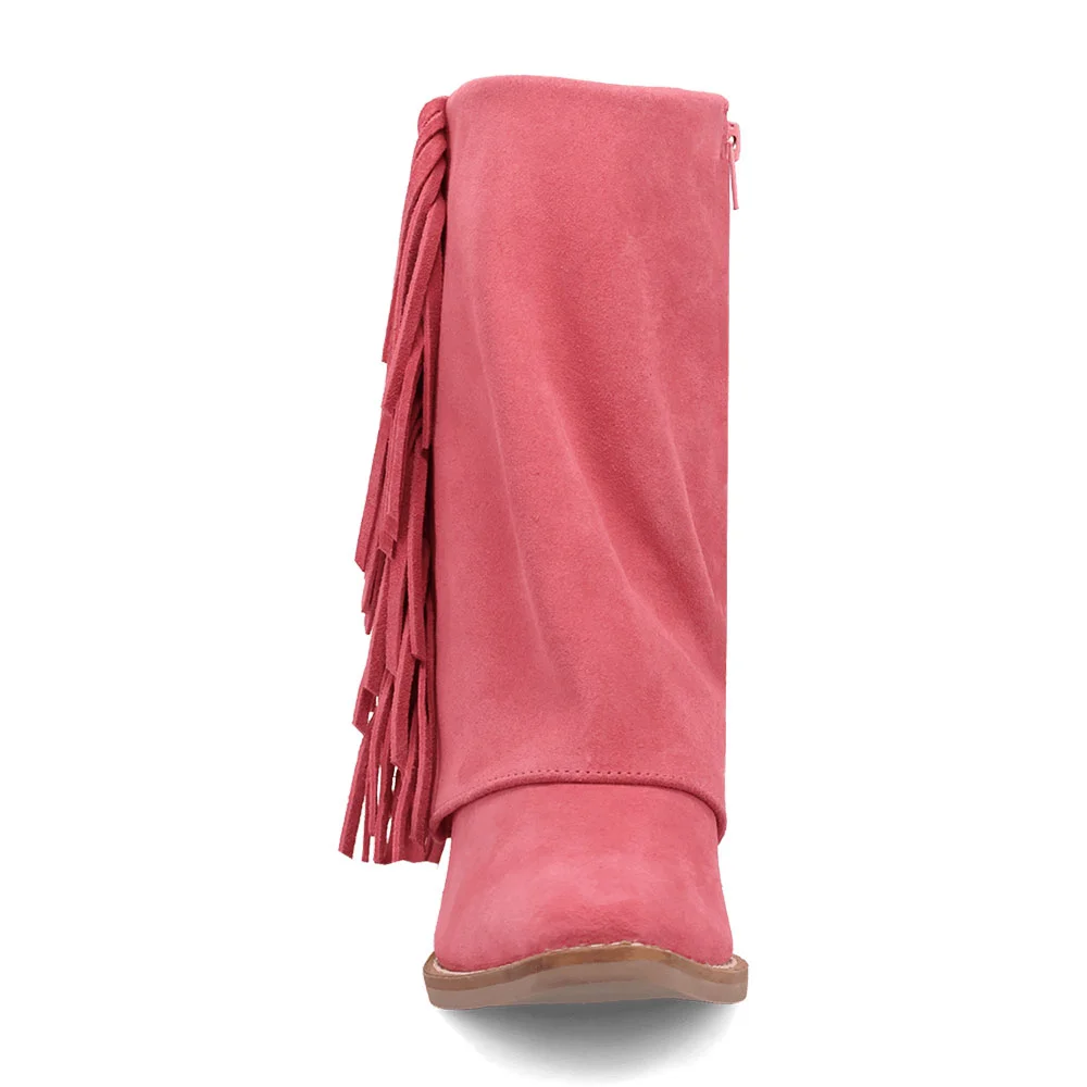 Vegan Suede Chunky Heel Almond Toe Fringe Cowgirl Boots in Pink