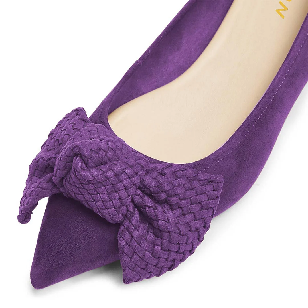 Purple Vegan Suede Pointed Toe Woven Bow Kitten Heel Pumps for Women
