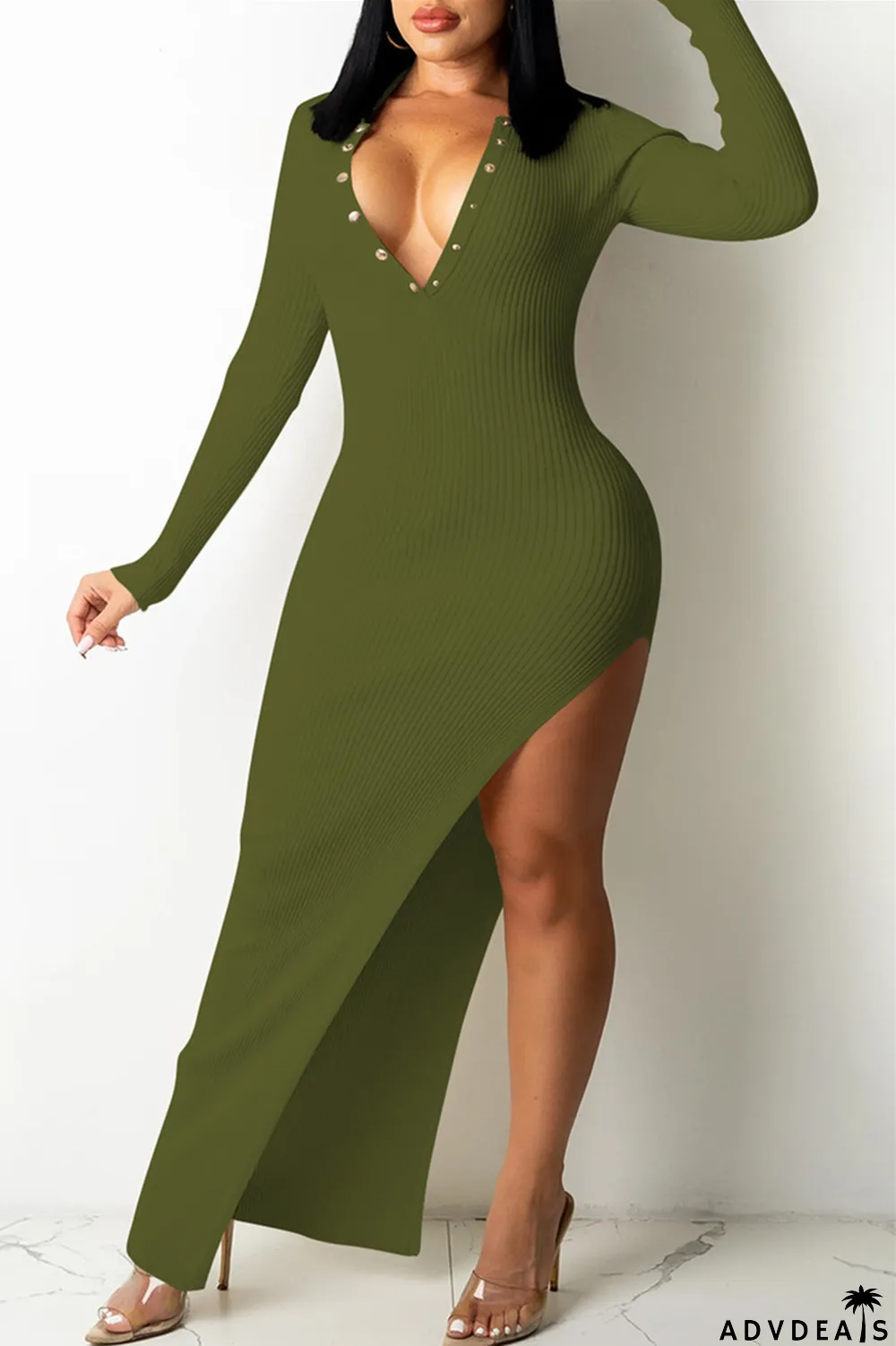 Brown Fashion Sexy Solid Backless V Neck Long Sleeve Dresses