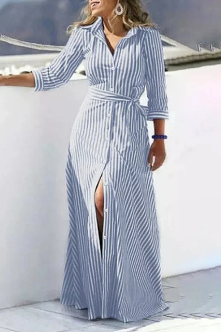 Casual Striped Print Buckle With Belt Turndown Collar Shirt Dress 