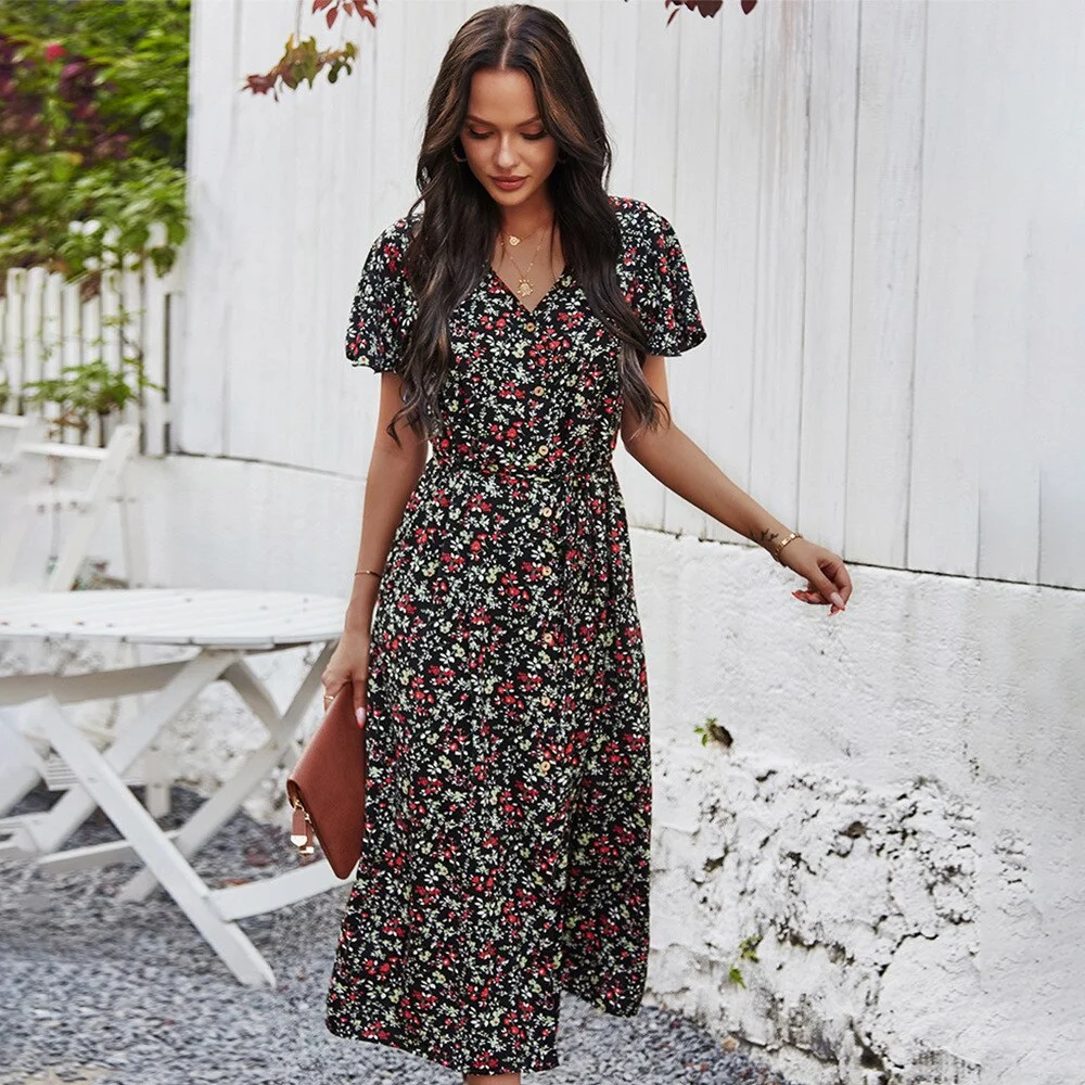 Vintage Maxi Dress Women Floral Print Summer Beach Dress Casual l High Waist Button Bohemian Long Dress Ladies Holiday Vestidos