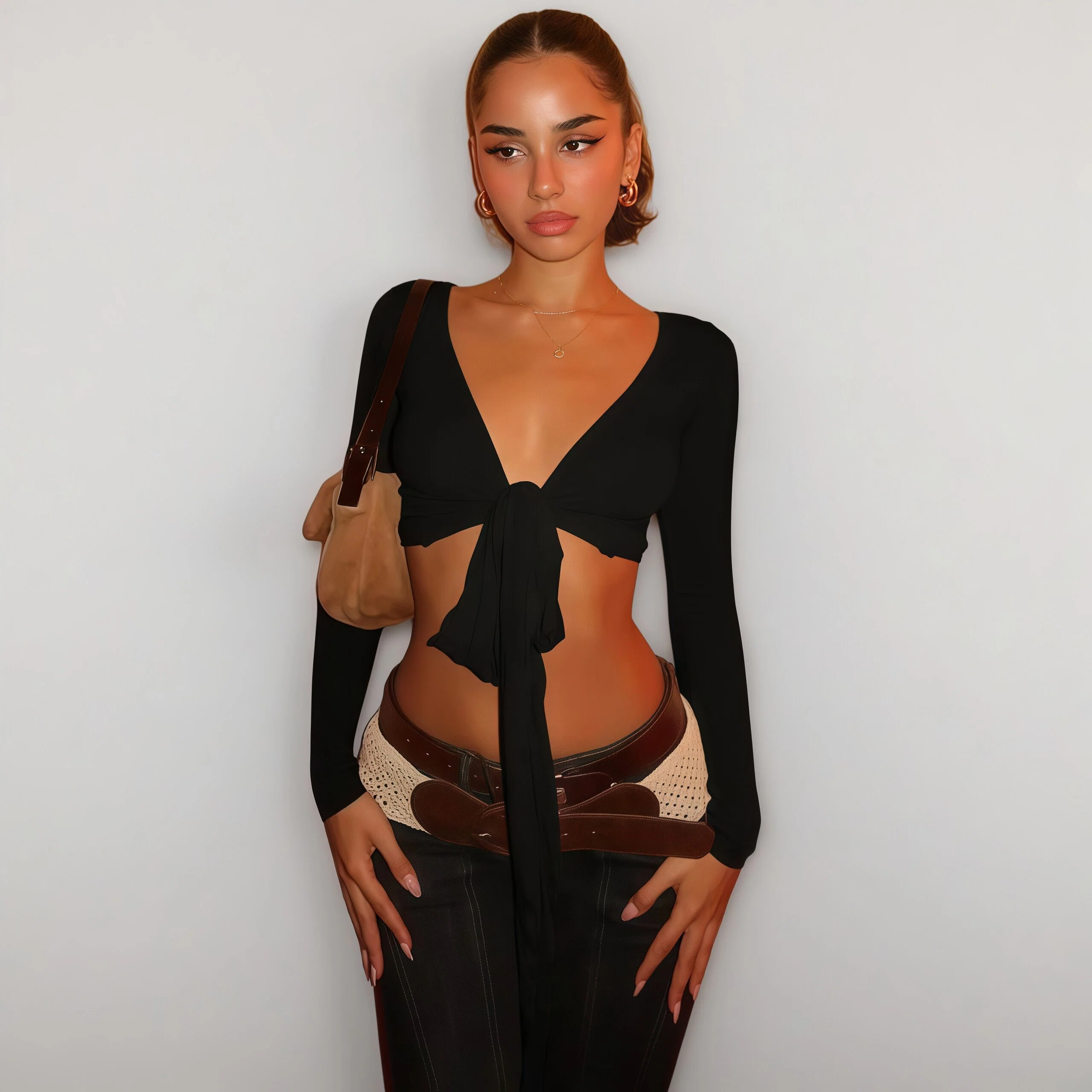 Long Sleeve Tie-Front Crop Top - HIGIANNA&reg;