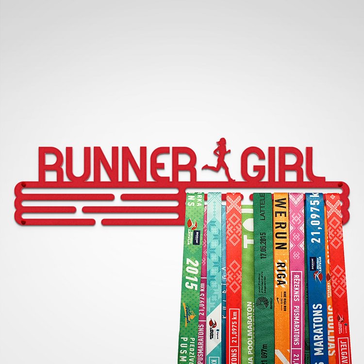 RUNNER GIRL Medal Hanger Display – Powder coated (matte red) – Large / 430mm / 48 Medals