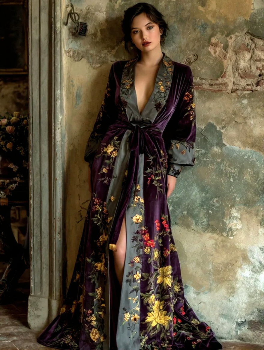 Artistic floral print kimono robe, autumn/winter long robe with sash.