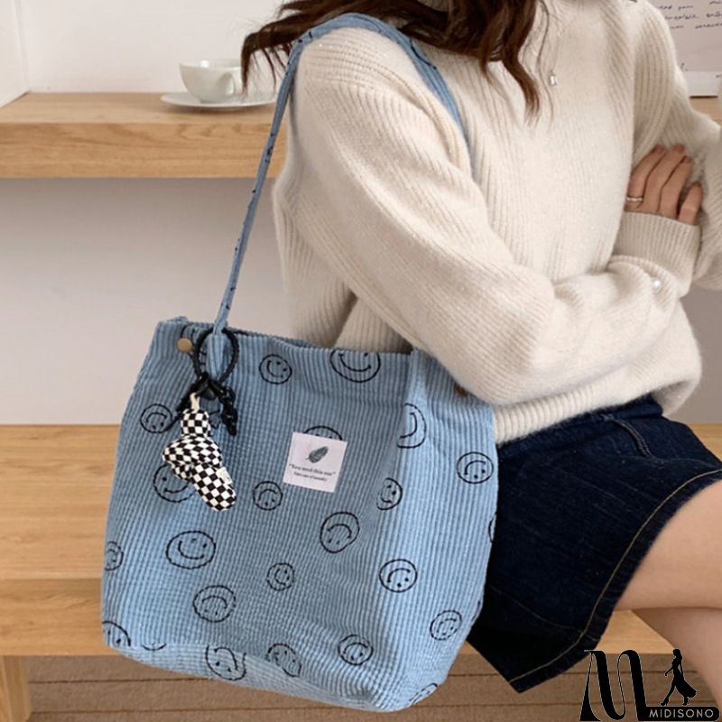 MidiSono - Women Large Smiley Corduroy Shoulder Tote Bag