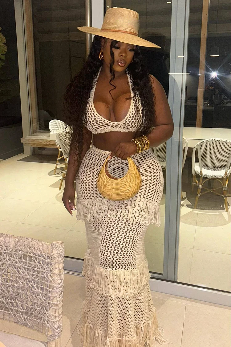 Crochet Plunge Neck Halter Crop Top Tiered Fringed Maxi Skirt 2pcs Set-Beige