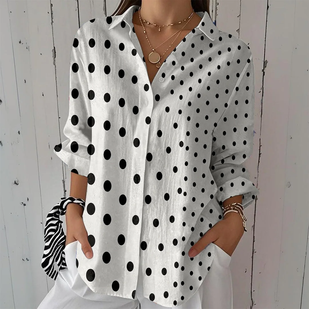 Style & Comfort for Mature Women Women Polka Dot, Black DZCL0352 3/4 Sleeve Shirt Collar Printed Button Tops