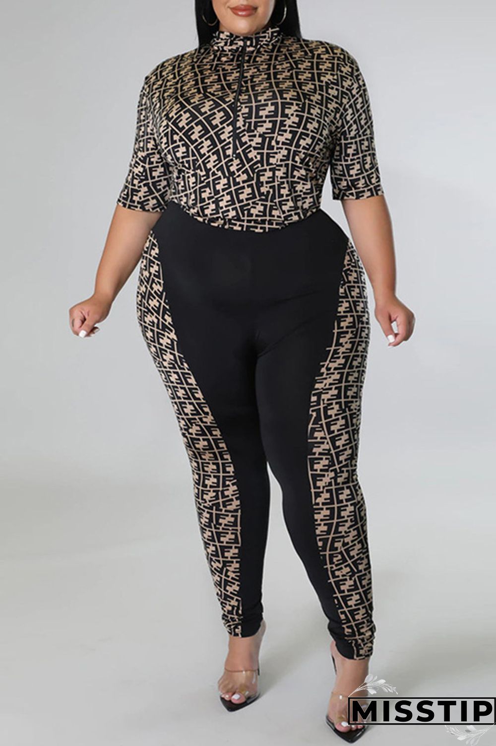 Black Fashion Casual Print Patchwork Zipper Collar Plus Size Two Pieces