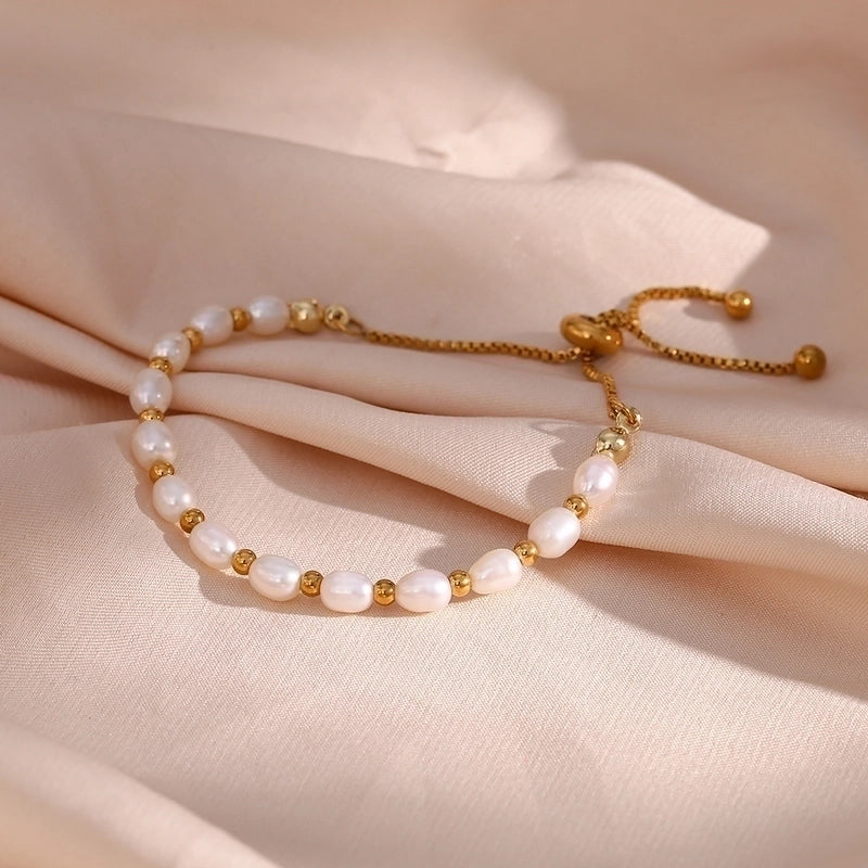 304 Stainless Steel Freshwater Pearl 18K Gold Plated Basic Minimalist Classic Style Plating Round Bracelets