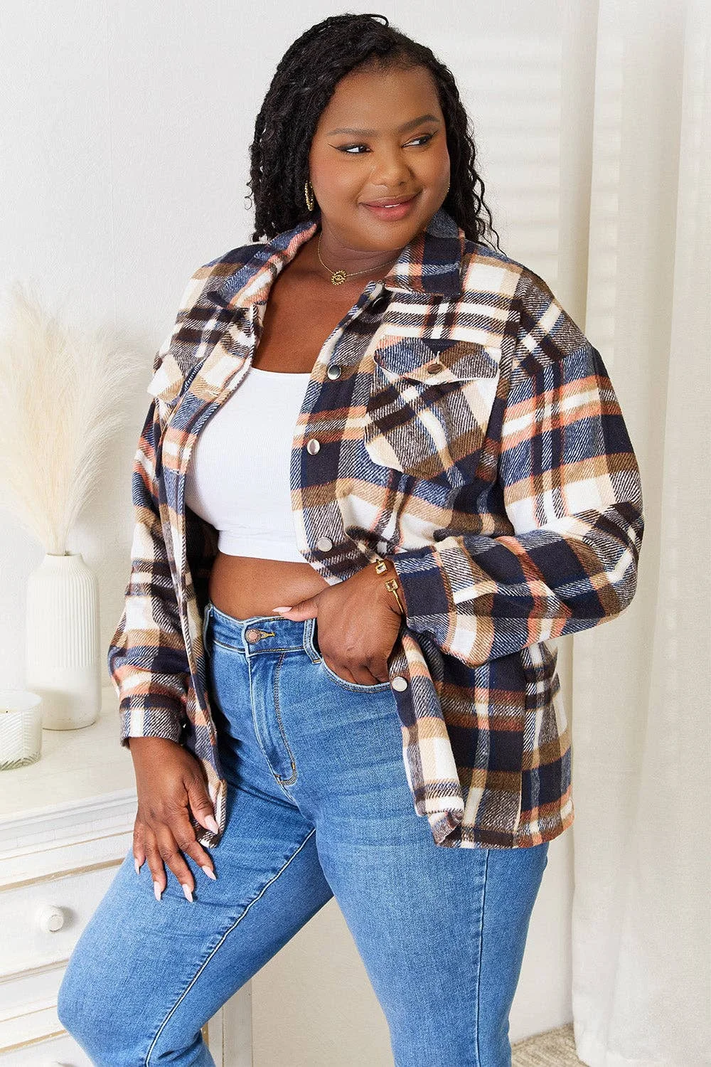 Double Take Plaid Button Front Shirt Jacket with Breast Pockets | IFYHOME