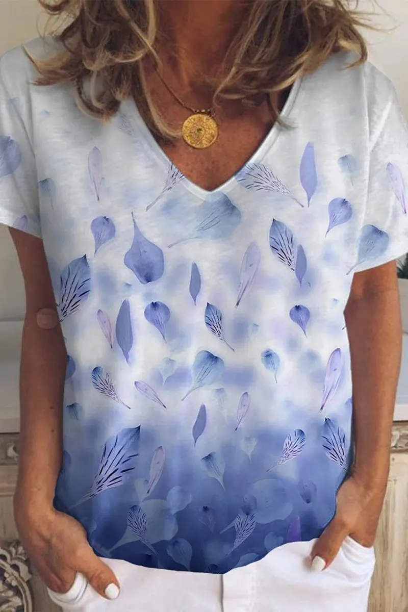 Leaves Print Gradient V-Neck T-Shirt