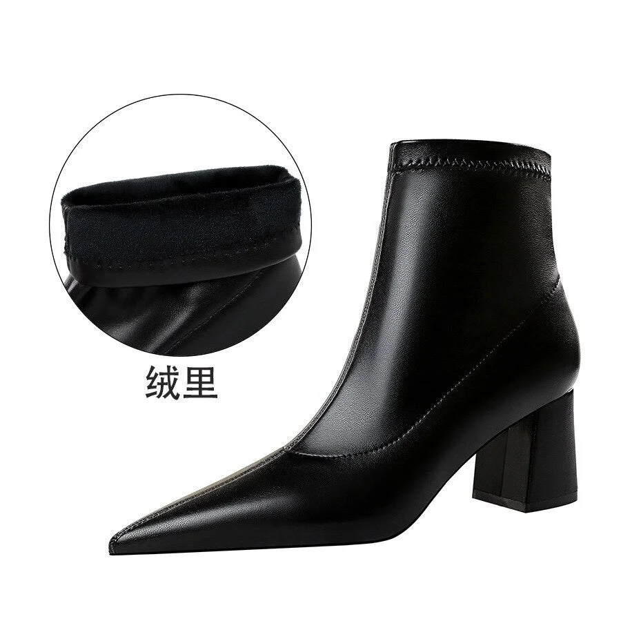 European and American Fashion Simple Thick Heel High Heel All-match Pointed Women's Boots Slim Nightclub Sexy Short Boots