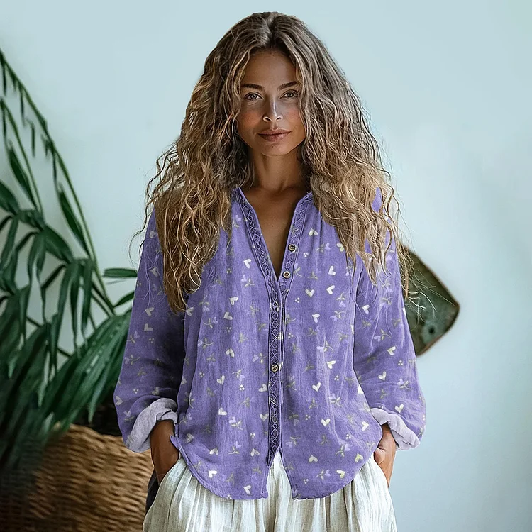 Vintage Purple  Floral Art  Linen Print  Long Sleeve Shirt