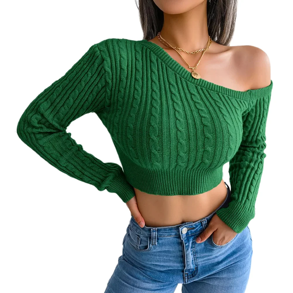 Green One Shoulder Cable Knit Crop Sweater