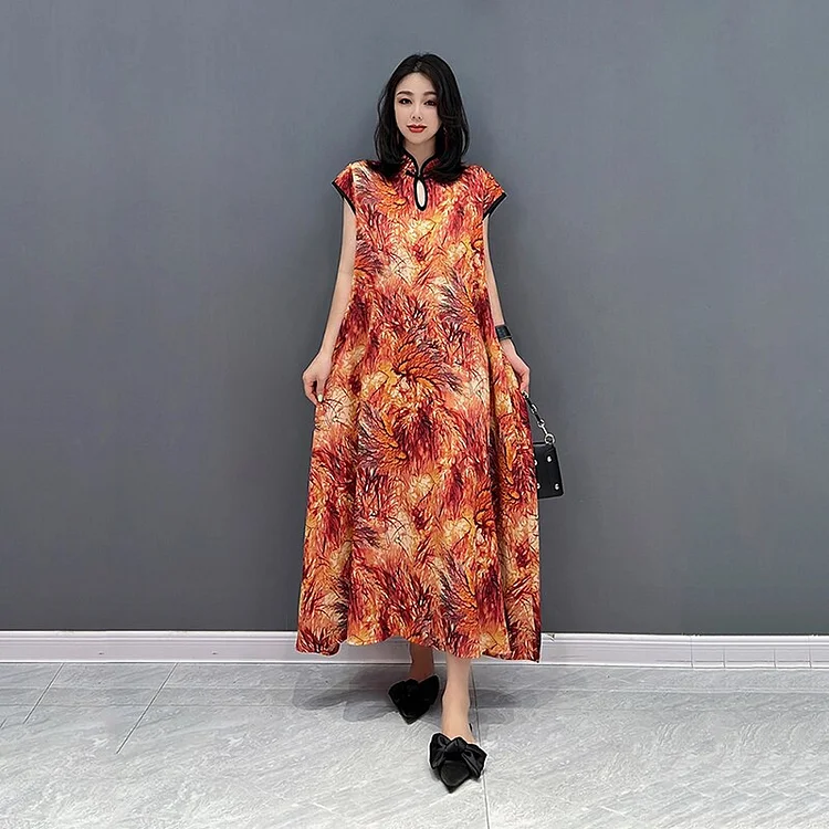 Vintage Loose Stand Collar Hollow Out Printed Short Sleeve Cheongsam Dress