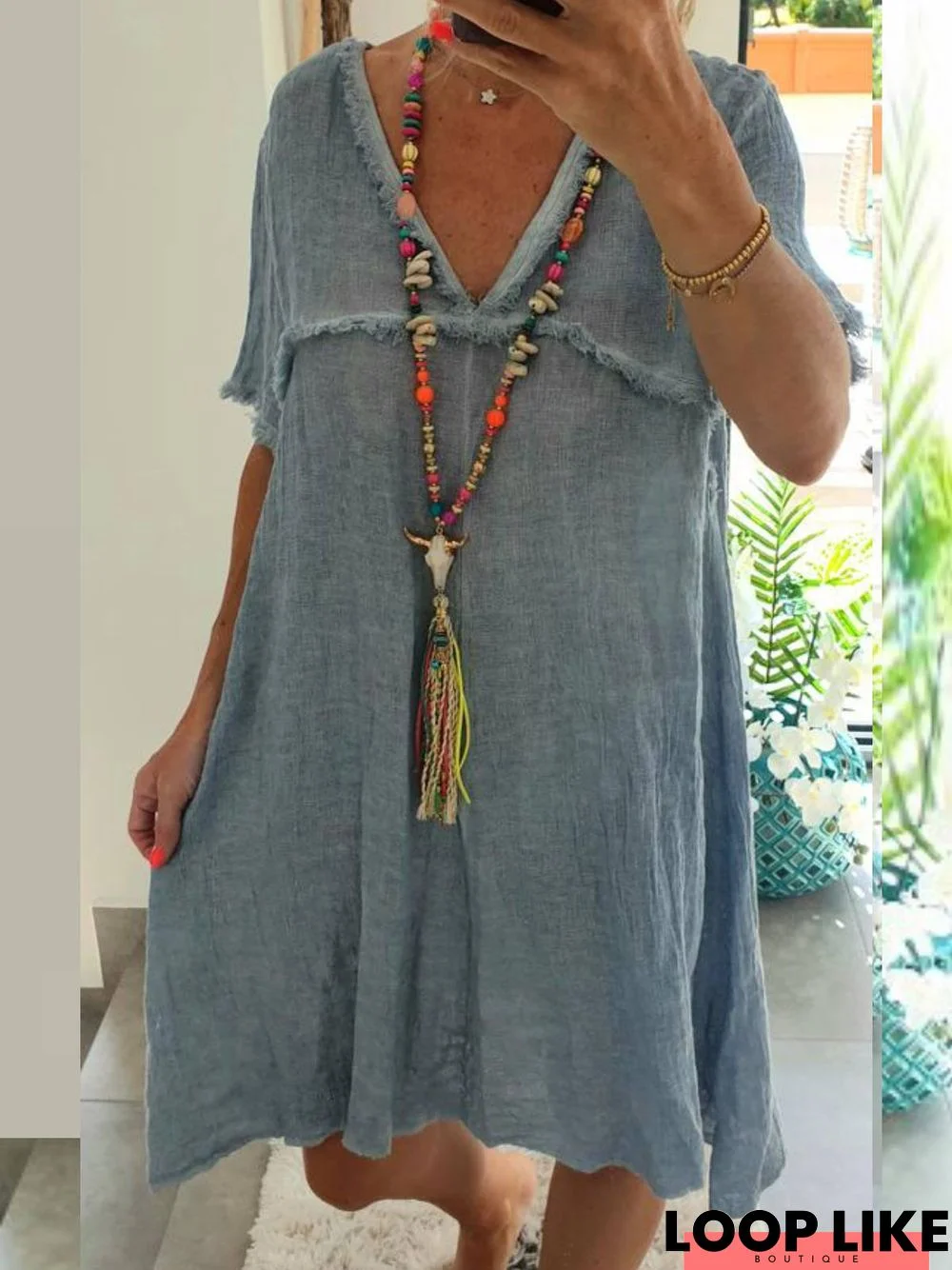 Loose V Neck Casual Cotton-Blend Causal Tunic Dress