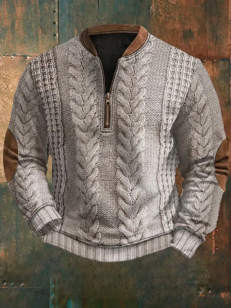 Men's Retro Western Textured Print Zipper Neck Knit Sweatshirt