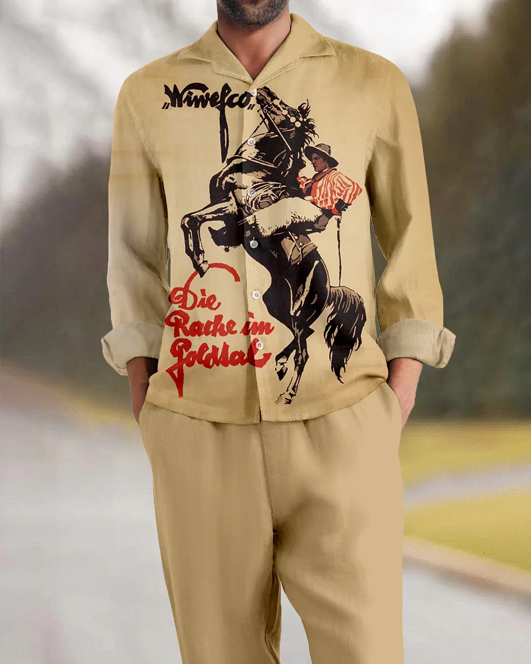 Suitmens Men's Nostalgic Equestrian Pattern Long Sleeve Suit-0011
