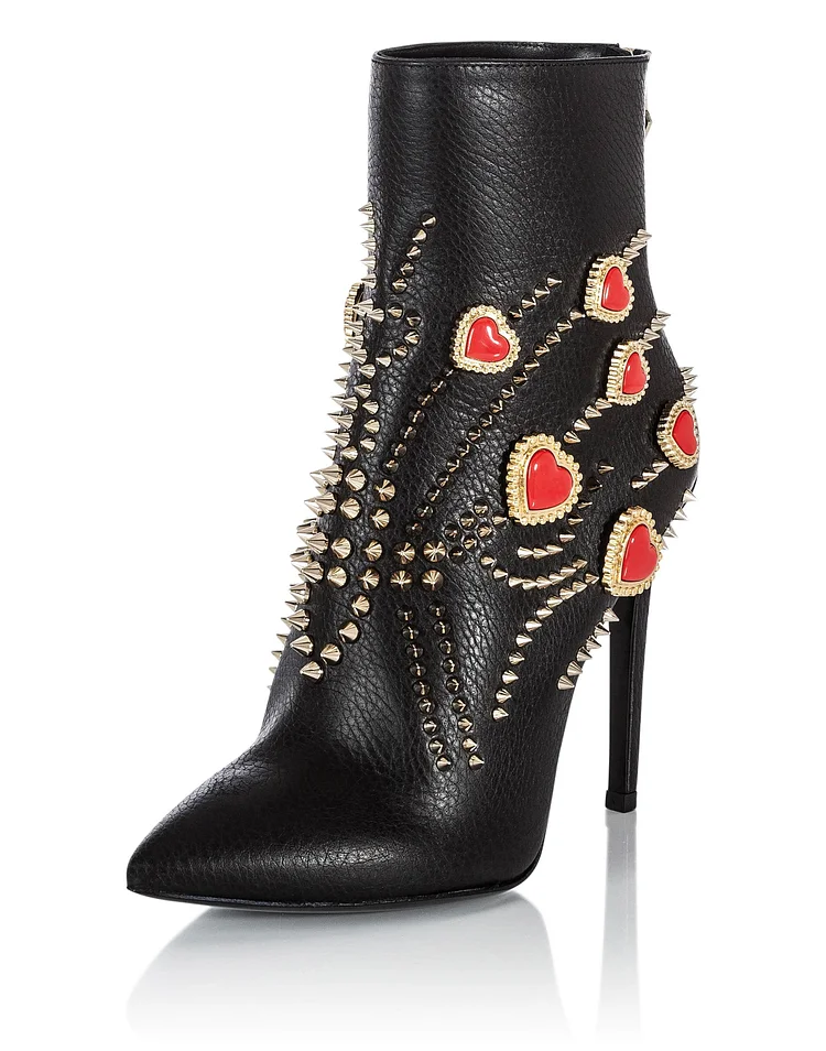 Black Rivets Stiletto Boots Red Hearts Stiletto Heel Ankle Boots |FSJ Shoes