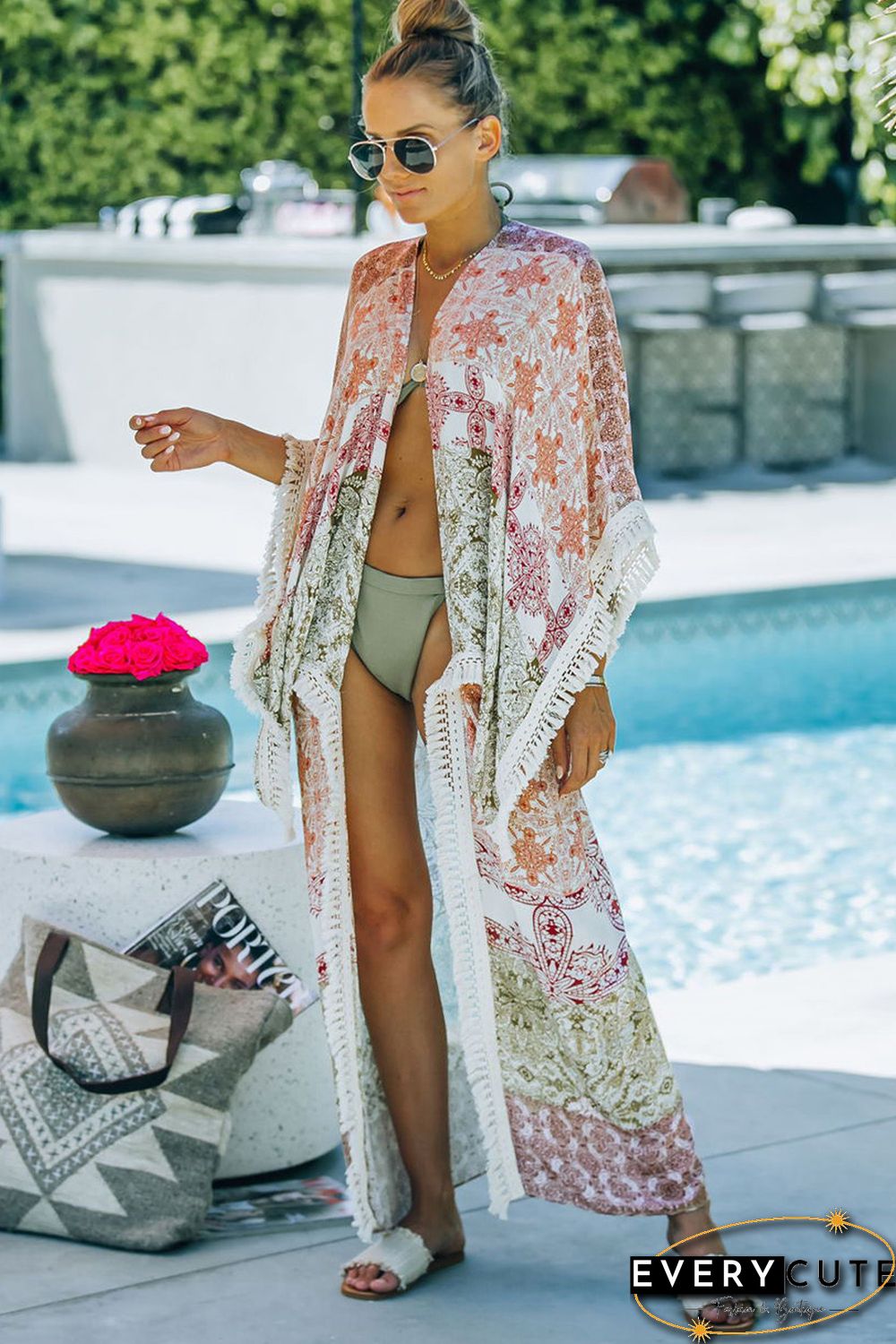 Multicolor Tribal Pattern Print Tassel Contrast Open Back Kimono
