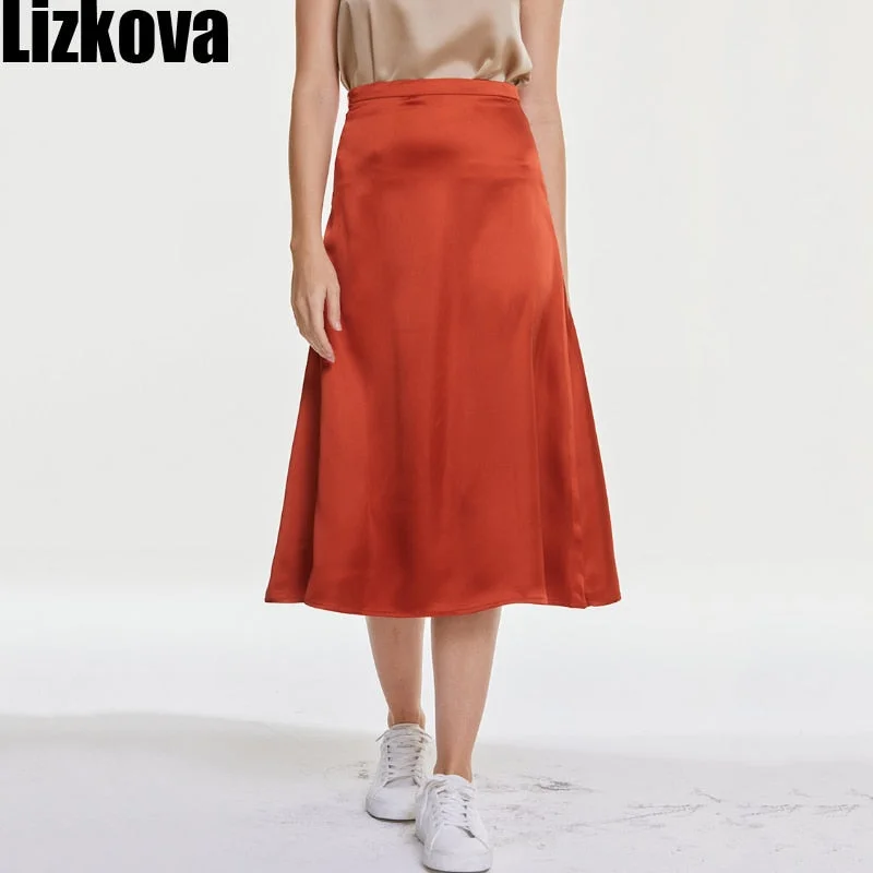 Lizkova Summer Satin Skirt Women High Waist Shiny Elegant Jupe 2021 Female Knee-lenth Casual Skirt BS001
