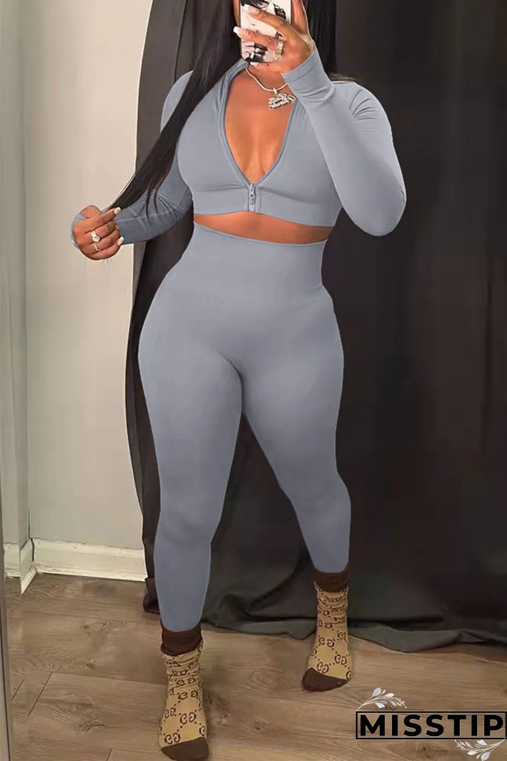 Grey Fashion Casual Solid Basic Zipper Collar Long Sleeve Two Pieces