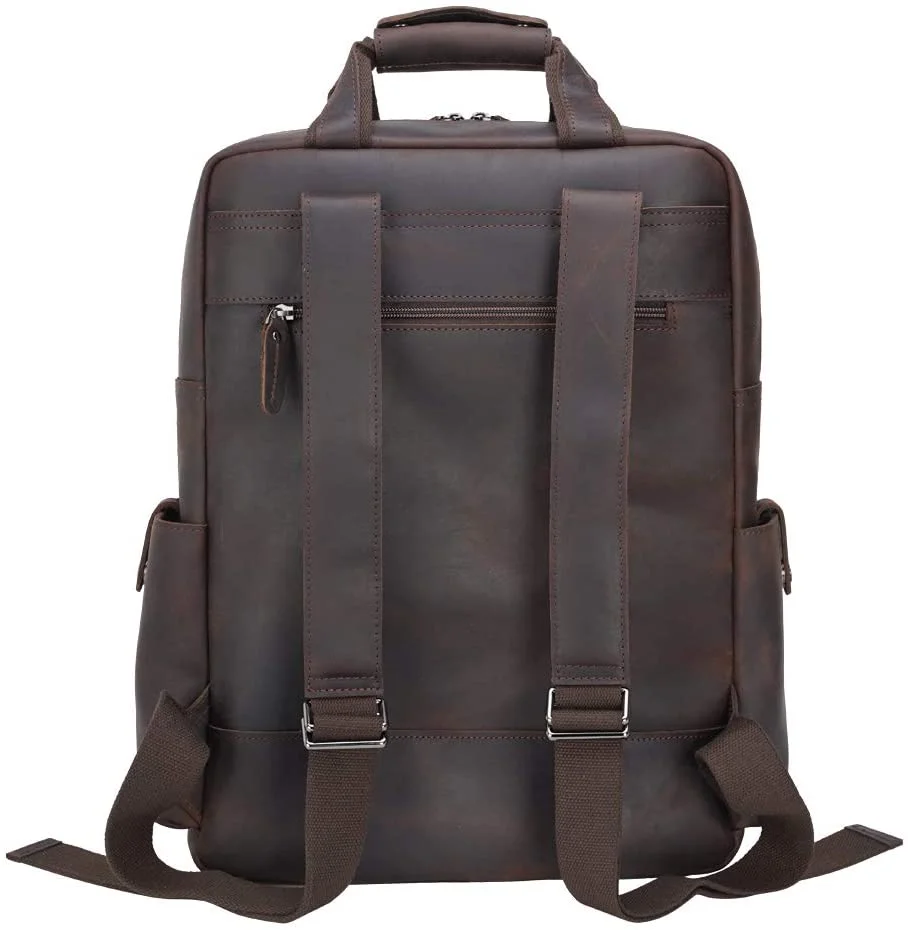 Vintage Genuine Leather Backpack 14 Inch Laptop Bag Multi Pockets School Travel Daypack