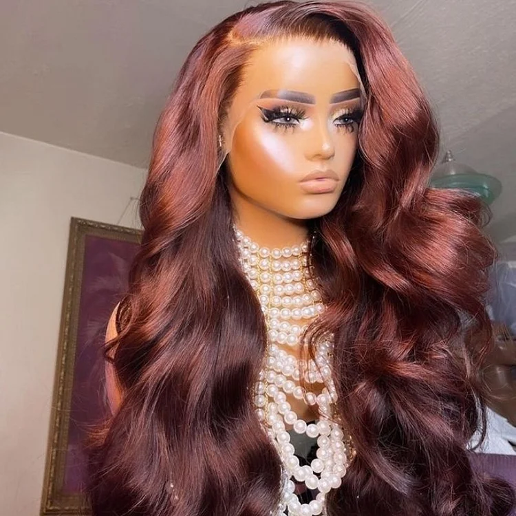 Brunette Auburn Copper 13x4 Lace Frontal Wig Virgin Human Hair Reddish Brown Color