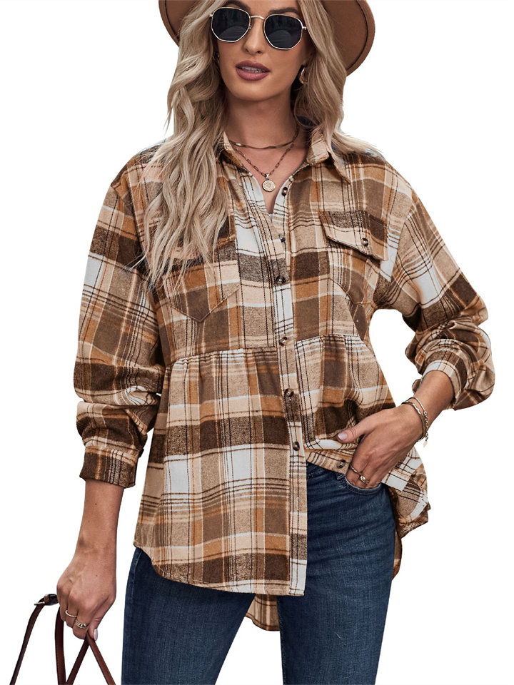 Women's Tops New Lapel Long-sleeved Pockets Casual European and American Plaid Shirt