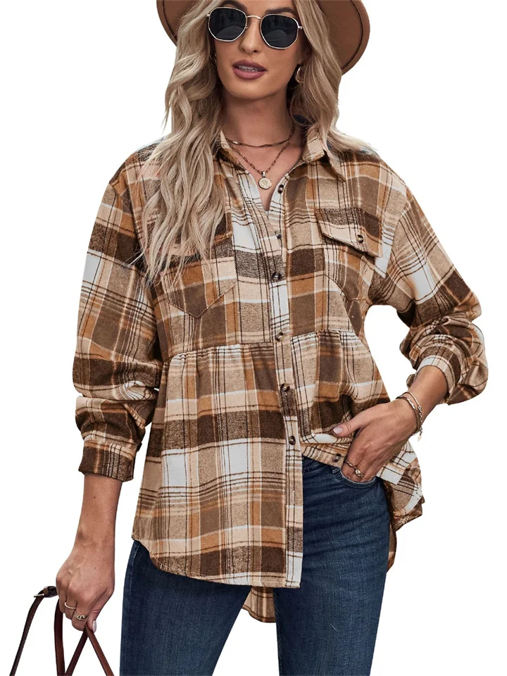 Women's Tops New Lapel Long-sleeved Pockets Casual European and American Plaid Shirt-Cosfine