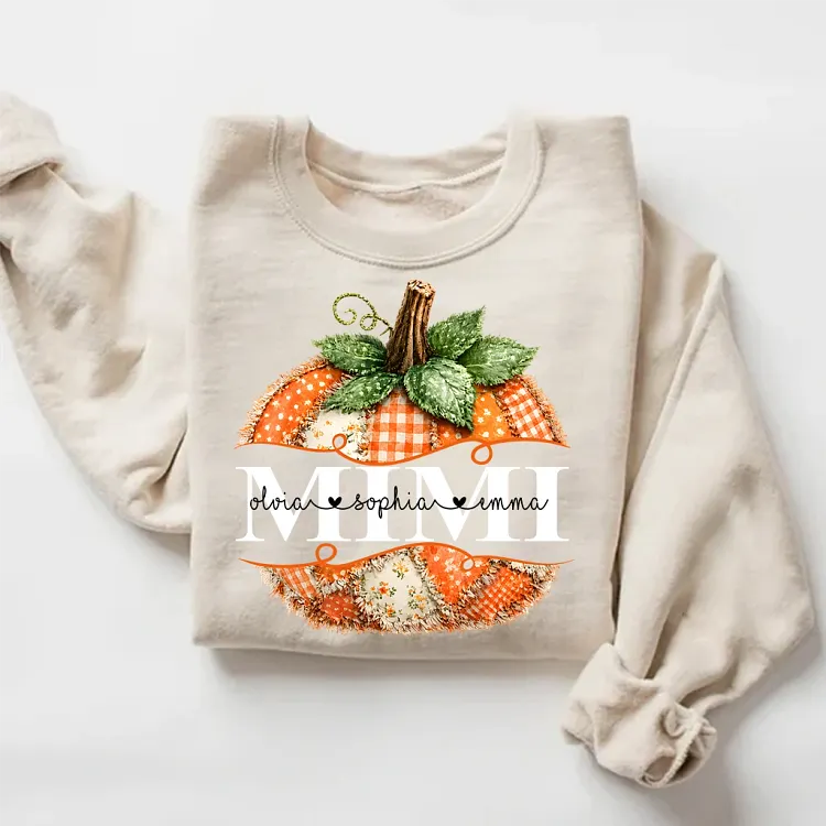 Personalized Mimi Fall Sweatshirt, Custom Kids Names, Pumpkin Patchwork Graphic Sweatshirt, Cozy Autumn Grandma Gift, Thanksgiving Birthday Gift